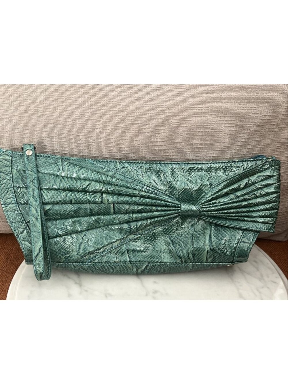 Teal Faux Snakeskin Embossed Clutch Pleated Knot Front Textured Evening Bag Y2K